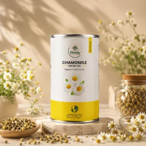 Timely Tea Chamomile Mint Green Tea with chamomile flowers and refreshing mint leaves