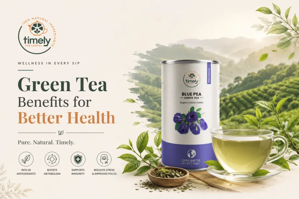 Premium loose leaf green tea with fresh tea leaves and ceramic tea cup by Timely Tea