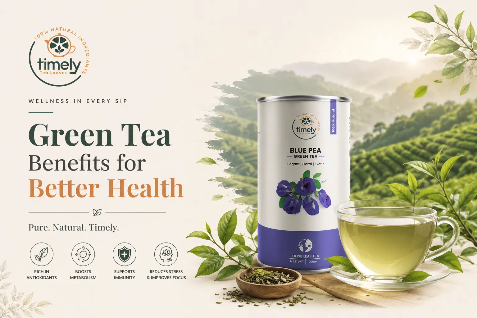 Premium loose leaf green tea with fresh tea leaves and ceramic tea cup by Timely Tea