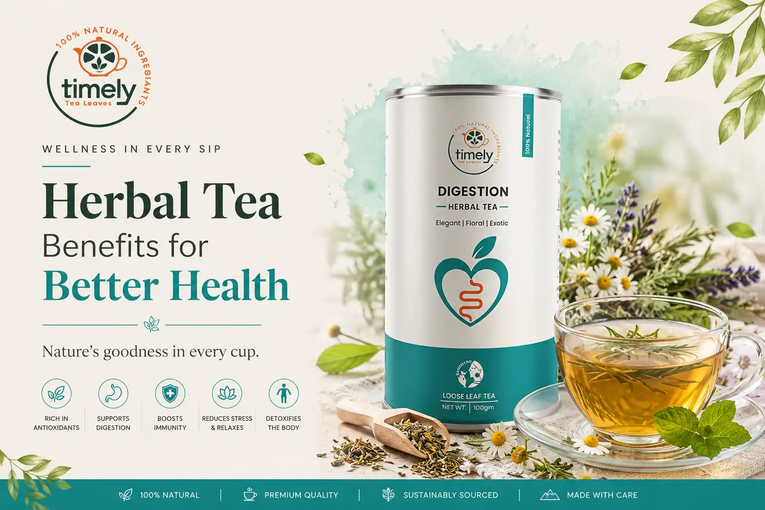 Premium herbal tea by Timely Tea with natural herbs promoting wellness, immunity, digestion, and relaxation.
