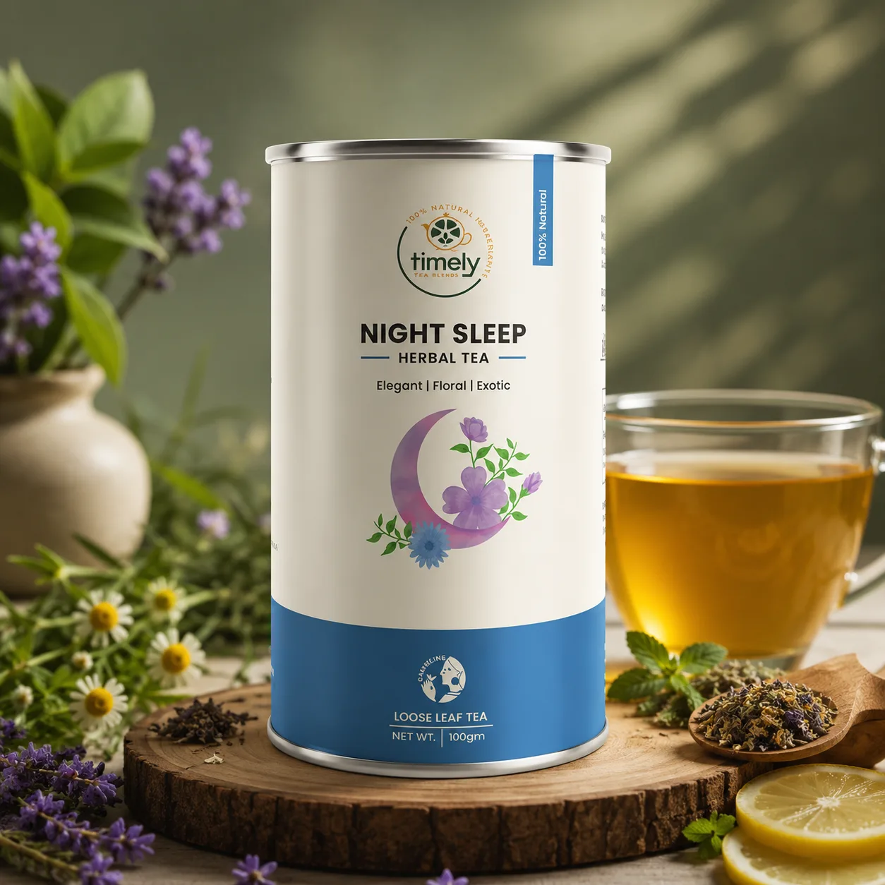 Night Sleep Assist Herbal Tea by Timely Tea in premium loose leaf tea tin for better sleep and relaxation