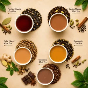 Timely Tea Try CTC Tea Sample Pack featuring Punjabi Masala, Kadak Masala, Tulsi Ginger, Ayurvedic and Chocolate Chai.